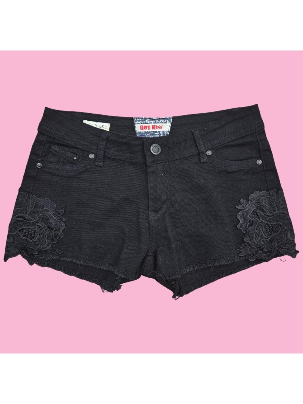 Y2K Hot Kiss Black Denim Micro Mini Shorts Size 5 Lace Trim Low Rise Goth Fairy